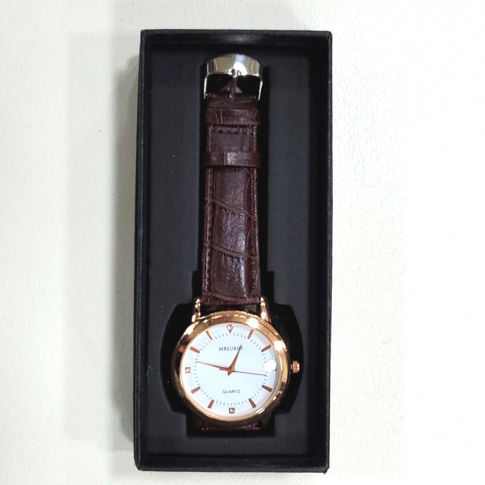 Mreurio watch NEW in box Men's rose gold faux Alligator brown leather strap